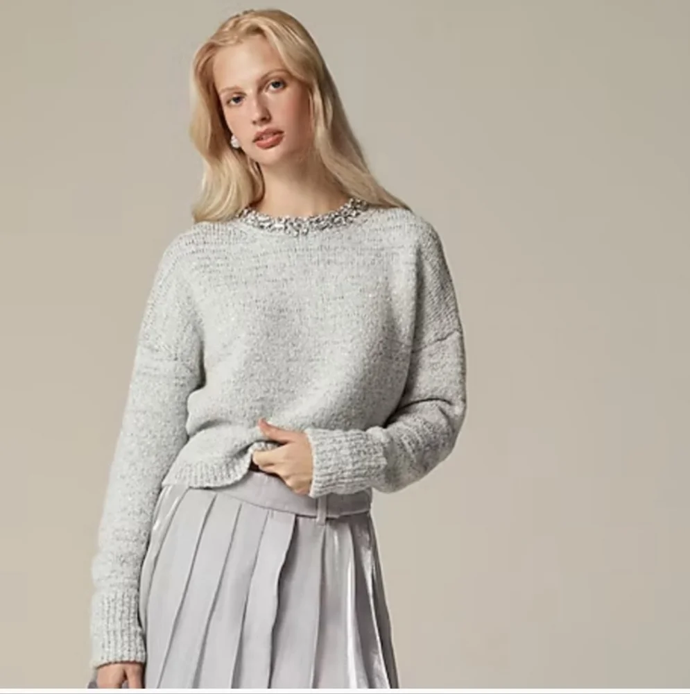 J Crew Embellished pullover Rhinestone Collar sweater XL Grey CE731